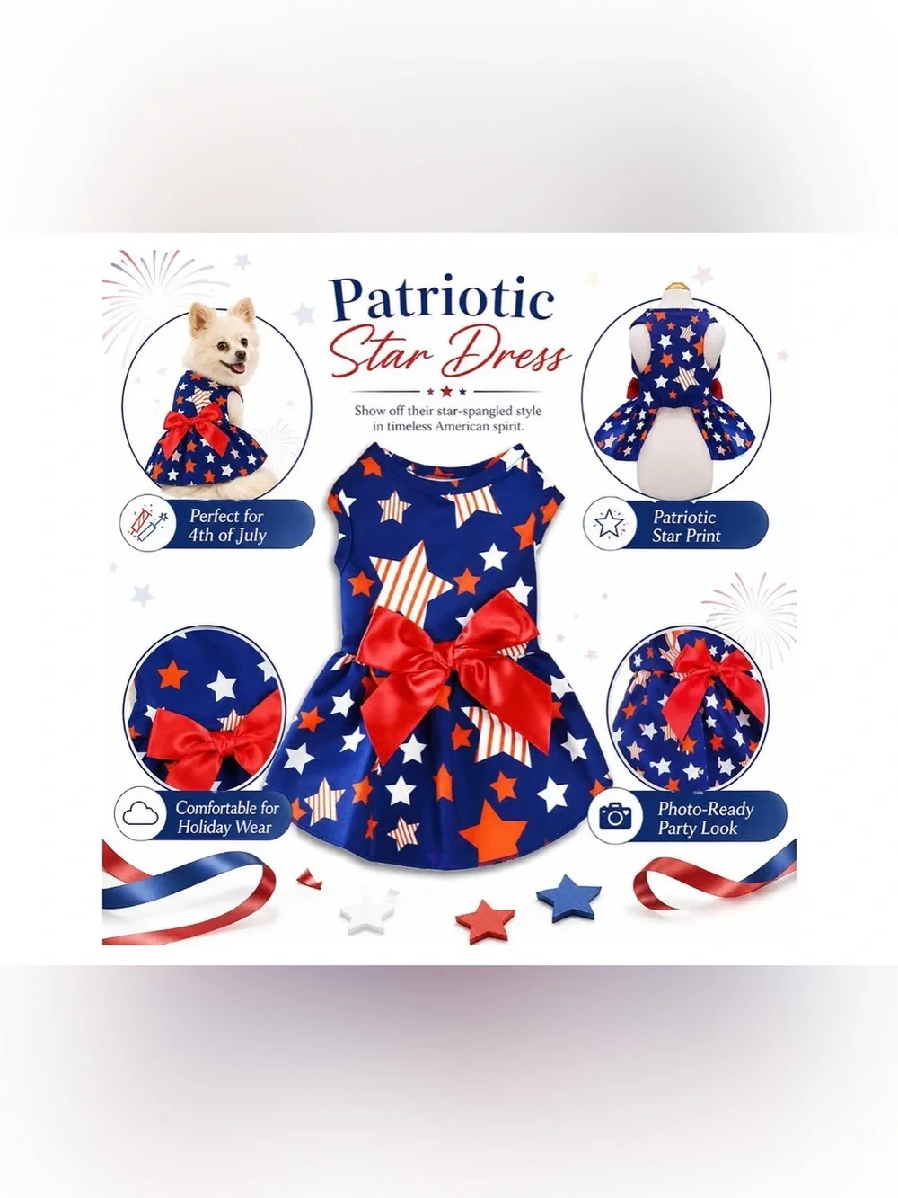 Blue Star Print Dress with Red Bow